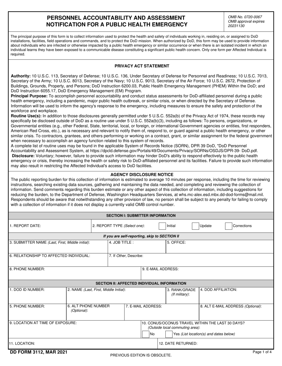 DD Form 3112 Personnel Accountability and Assessment Notification for a Public Health Emergency, Page 1