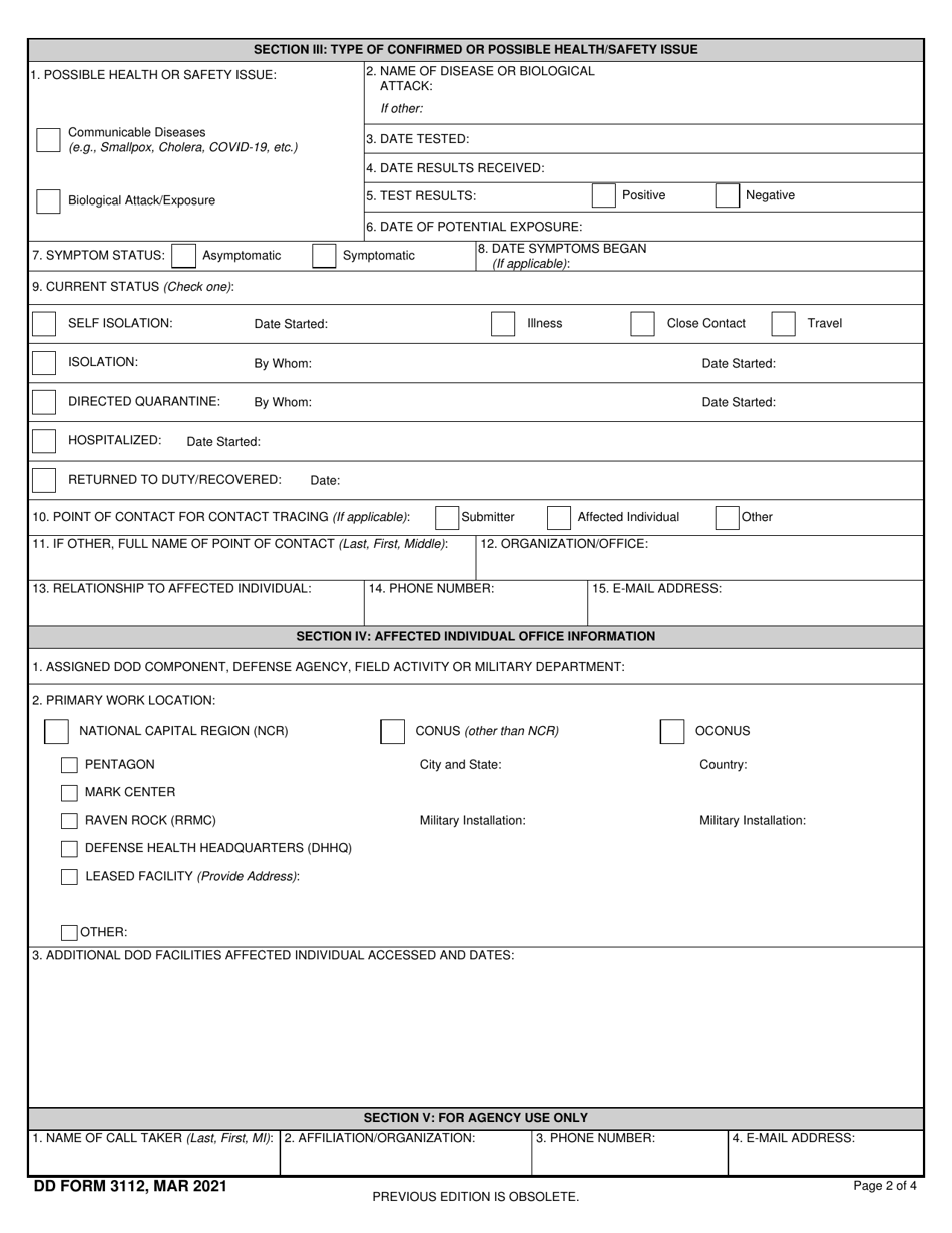 DD Form 3112 Personnel Accountability and Assessment Notification for a Public Health Emergency, Page 2
