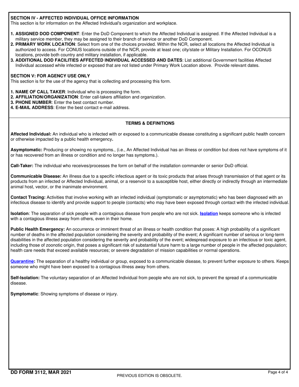 DD Form 3112 Personnel Accountability and Assessment Notification for a Public Health Emergency, Page 4