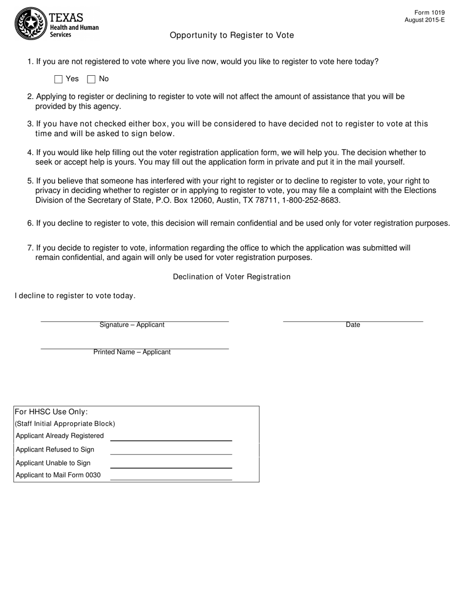 Form 1019 Opportunity to Register to Vote - Texas (English / Spanish), Page 1