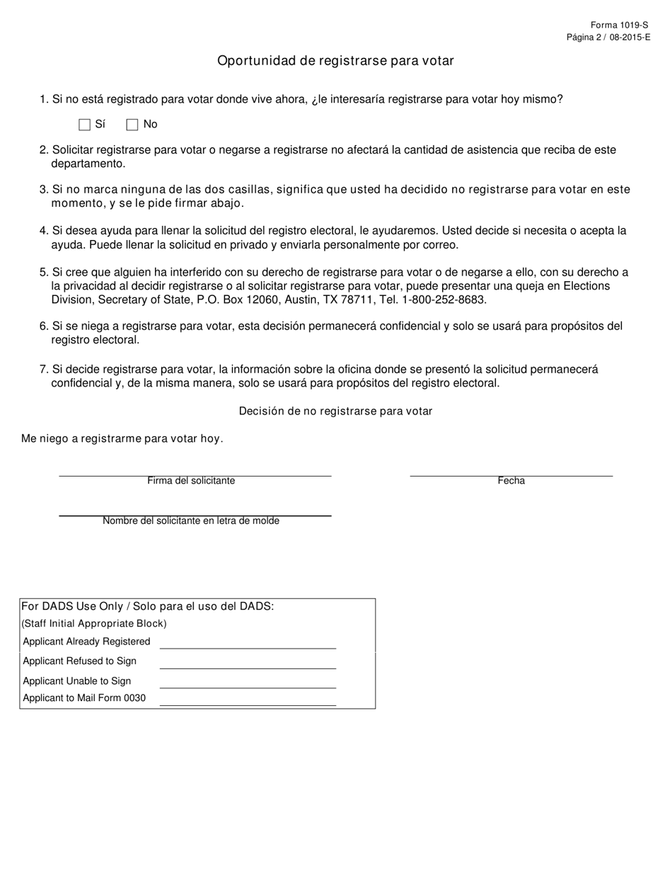 Form 1019 Opportunity to Register to Vote - Texas (English / Spanish), Page 2