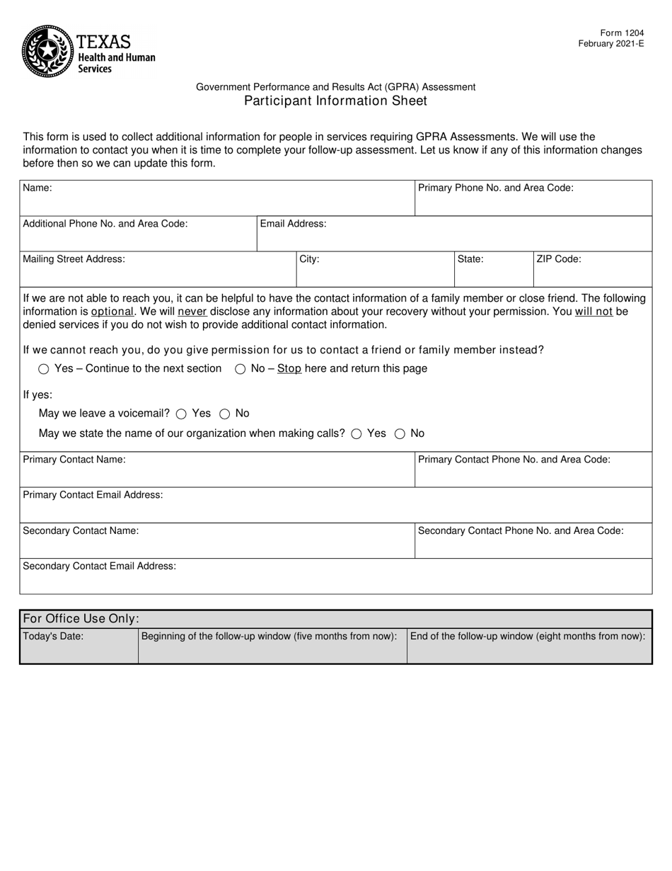 Form 1204 Government Performance and Results Act (Gpra) Assessment Participant Information Sheet - Texas, Page 1
