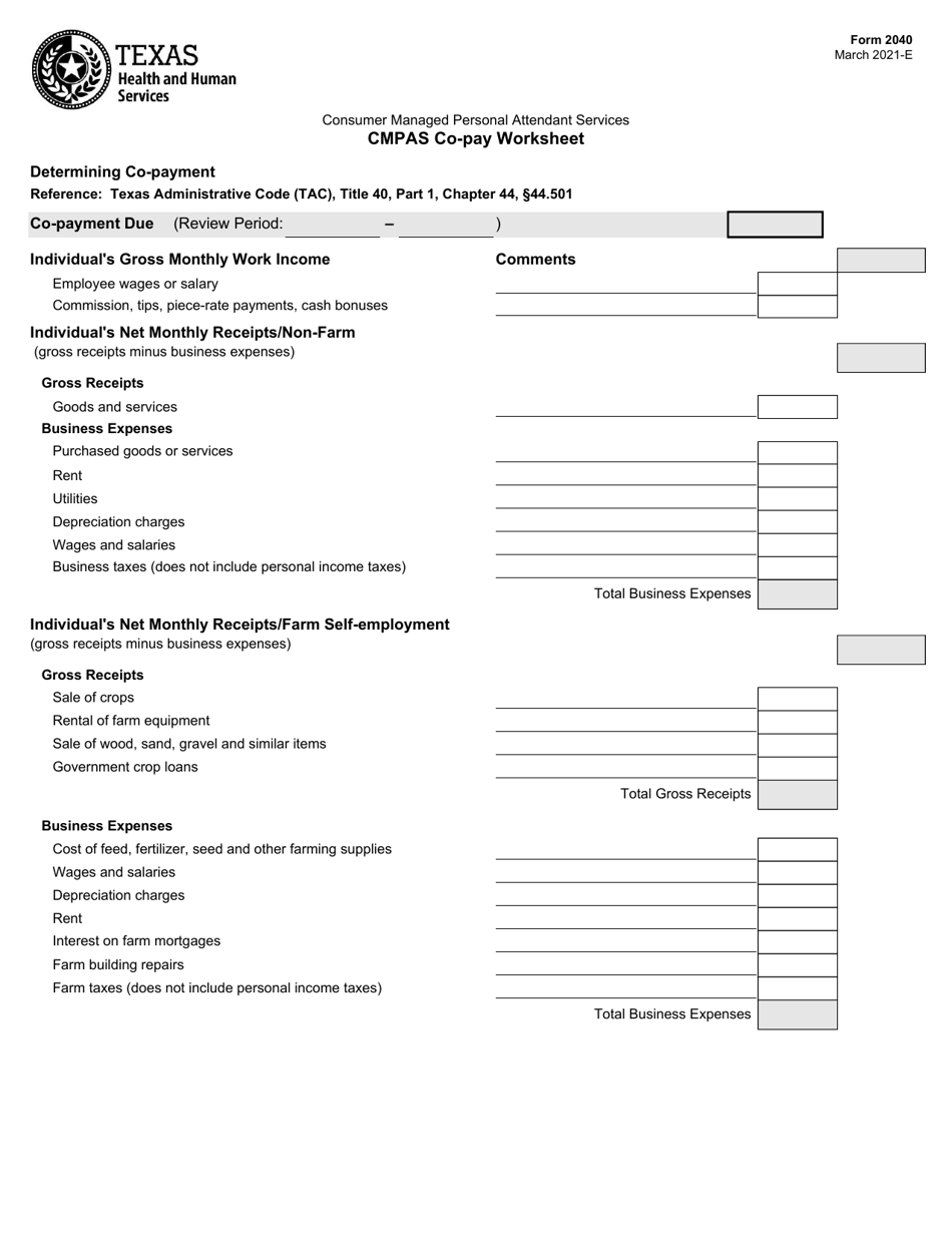 Form 2040 Cmpas Co-pay Worksheet - Texas, Page 1