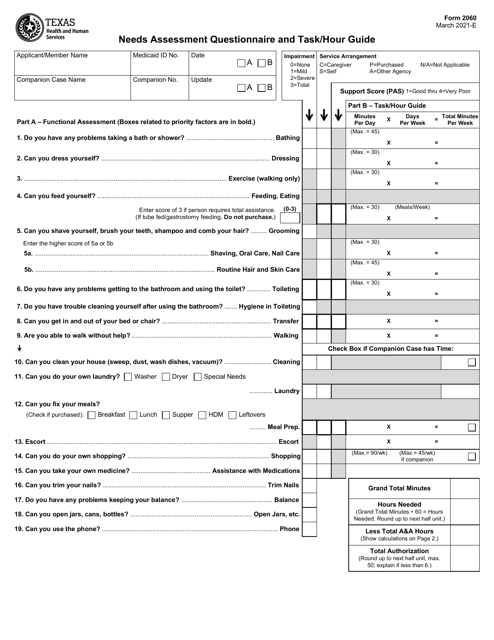 Form 2060 Needs Assessment Questionnaire and Task/Hour Guide - Texas