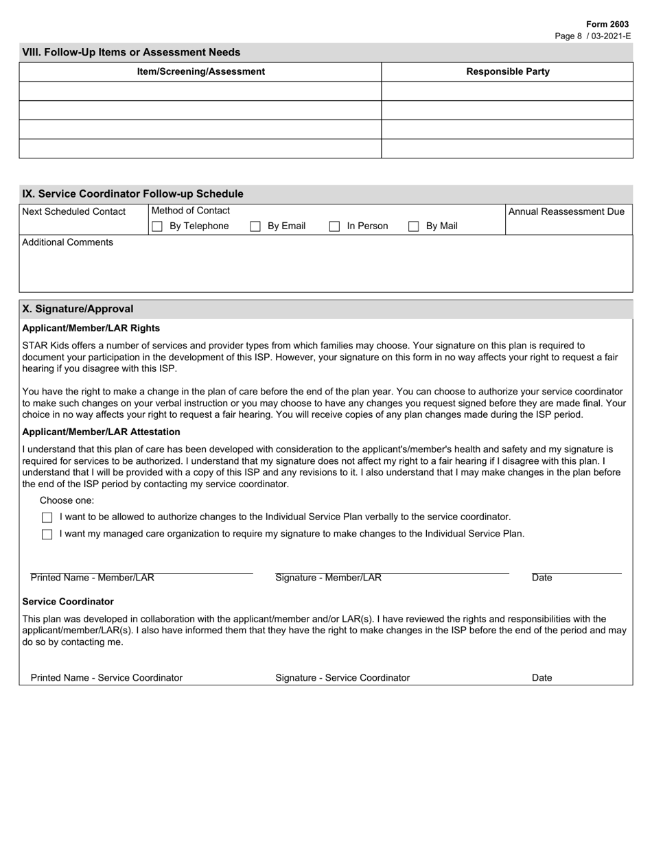 Form 2603 Star Kids Individual Service Plan (Isp) Narrative - Texas, Page 8