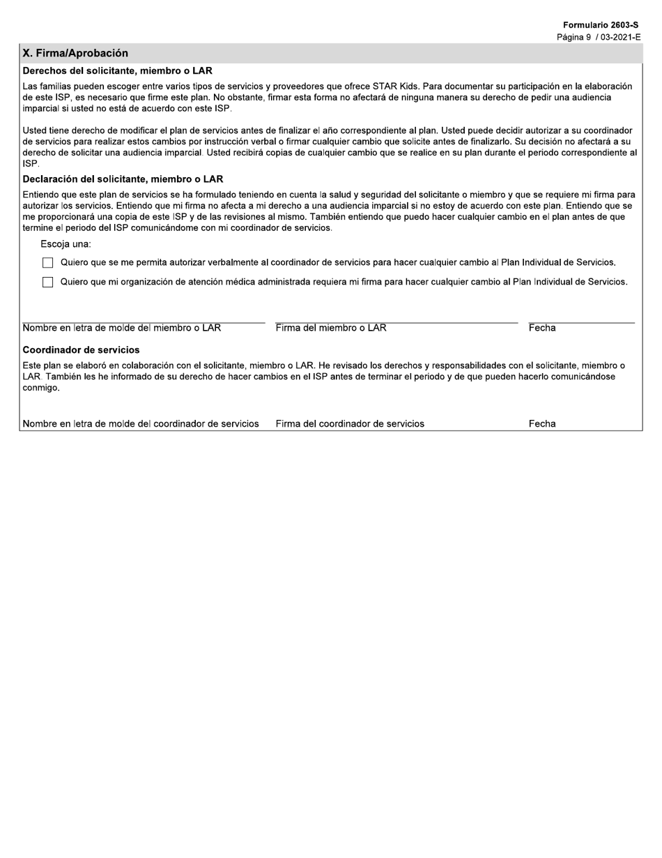 Formulario 2603-S Explicacion Del Plan Individual De Servicios (Isp) De Star Kids - Texas (Spanish), Page 9