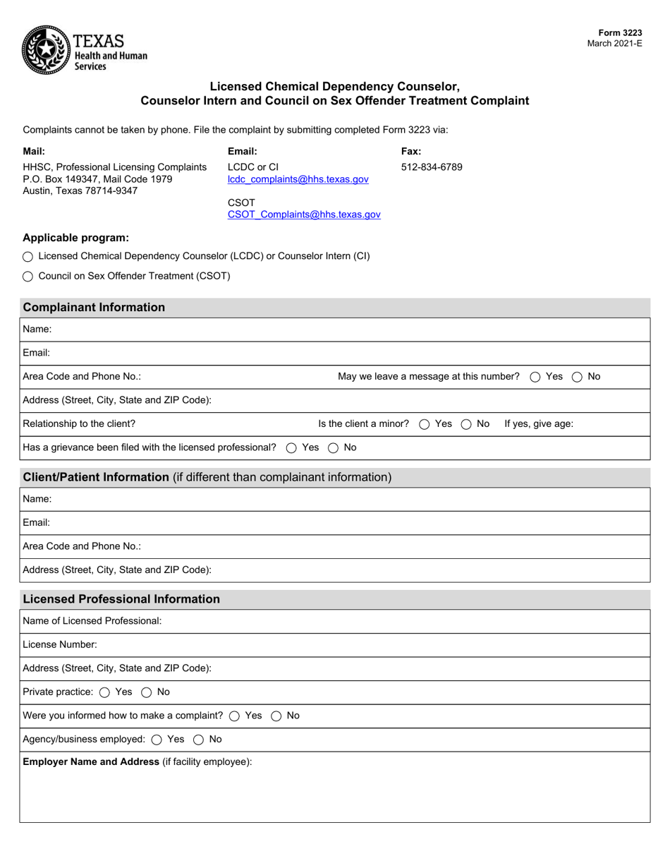 Form 3223 Licensed Chemical Dependency Counselor, Counselor Intern and Council on Sex Offender Treatment Complaint - Texas, Page 1