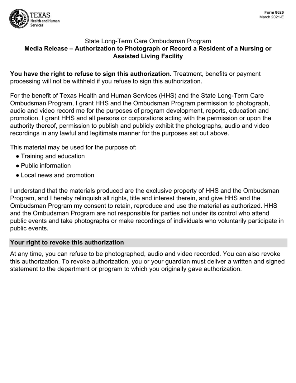 Form 8626 Media Release - Authorization to Photograph or Record a Resident of a Nursing or Assisted Living Facility - State Long-Term Care Ombudsman Program - Texas, Page 1