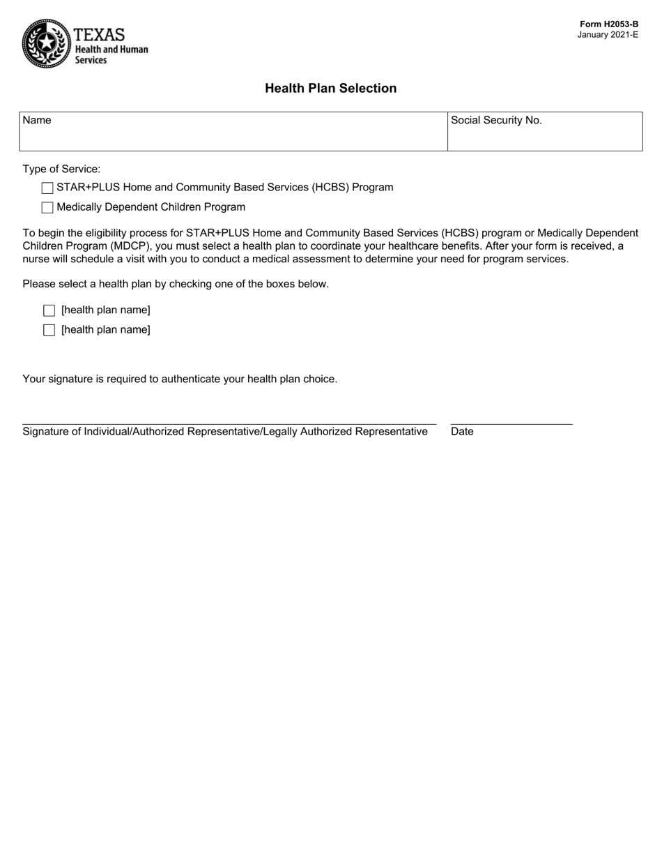 Form H2053B Download Fillable PDF or Fill Online Health Plan Selection