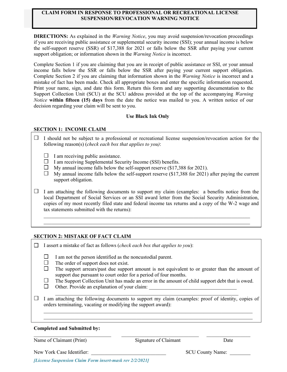 Claim Form in Response to Professional or Recreational License Suspension / Revocation Warning Notice - New York, Page 1