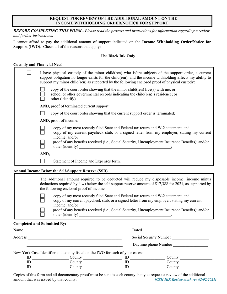 Request for Review of the Additional Amount on the Income Withholding Order / Notice for Support - New York, Page 1