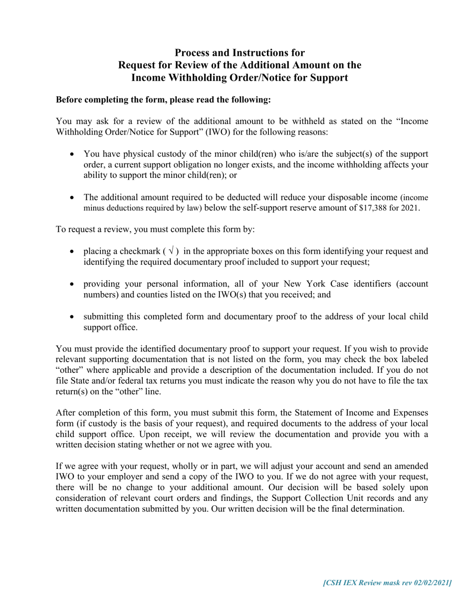 Request for Review of the Additional Amount on the Income Withholding Order / Notice for Support - New York, Page 2