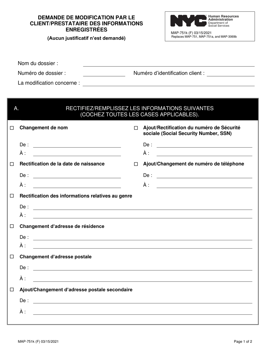 Form MAP-751K Consumer / Provider Request to Change Information on File - New York City (French), Page 1
