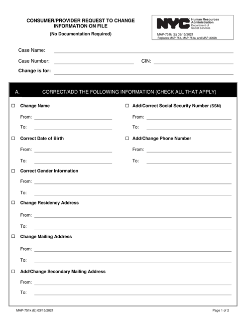 Form MAP-751K Consumer/Provider Request to Change Information on File - New York City