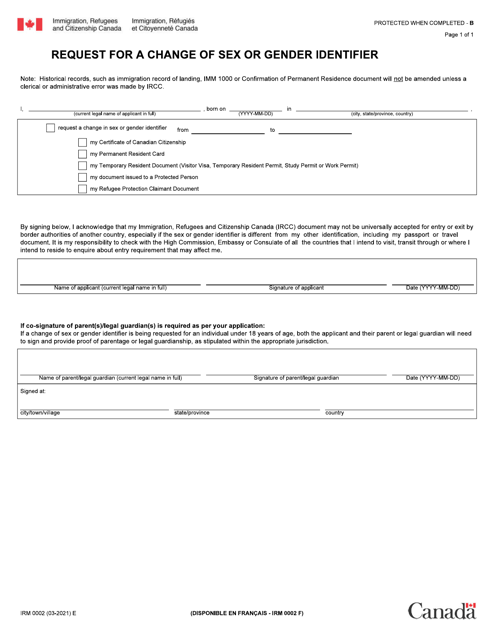 Form IRM0002 Request for a Change of Sex or Gender Identifier - Canada