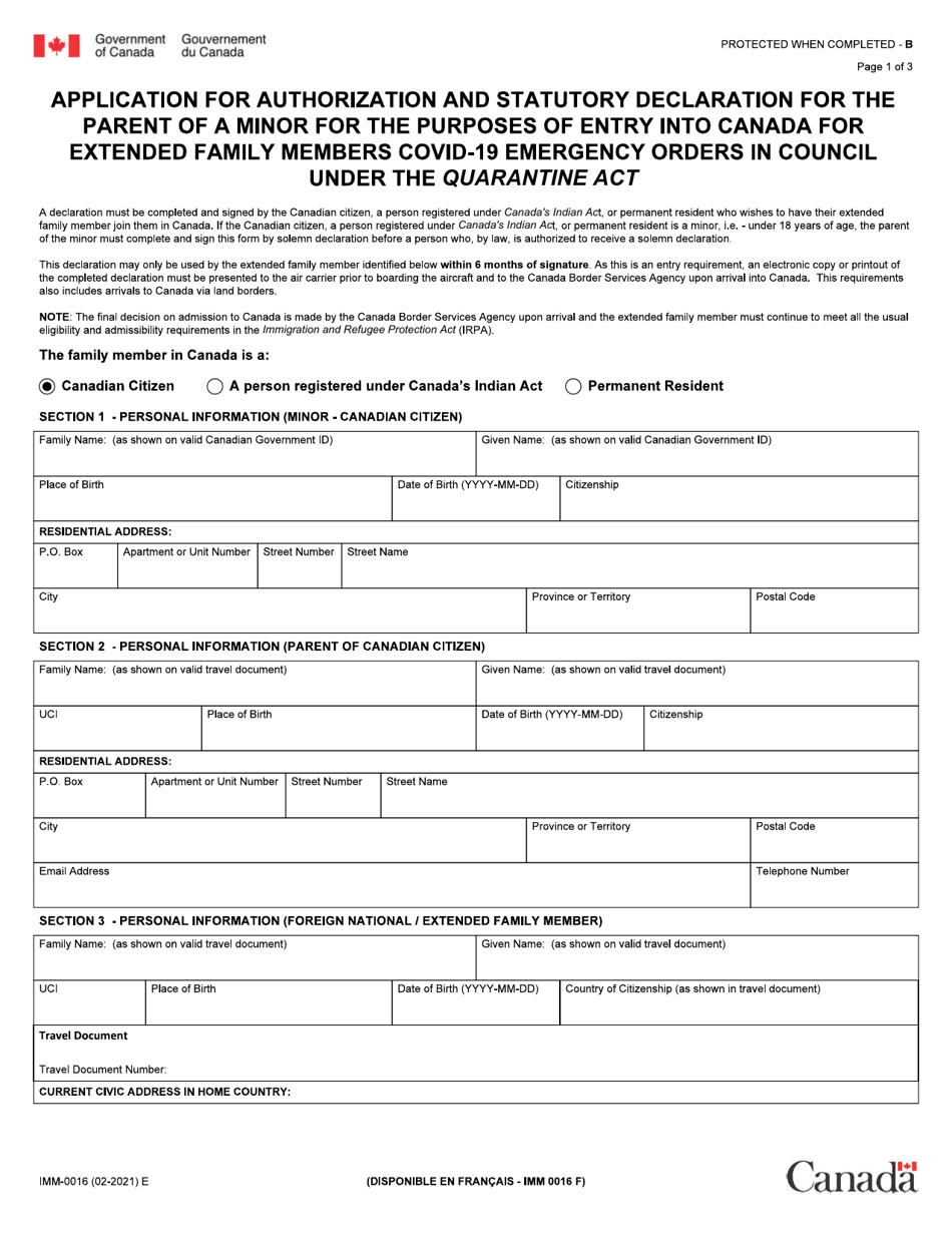 Form IMM0016 Application for Authorization and Statutory Declaration for the Parent of a Minor for the Purposes of Entry Into Canada for Extended Family Members Covid-19 Emergency Orders in Council Under the Quarantine Act - Canada, Page 1