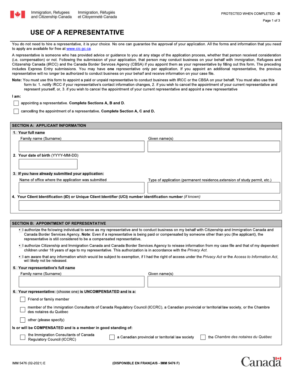 Form IMM5476 Use of a Representative - Canada, Page 1