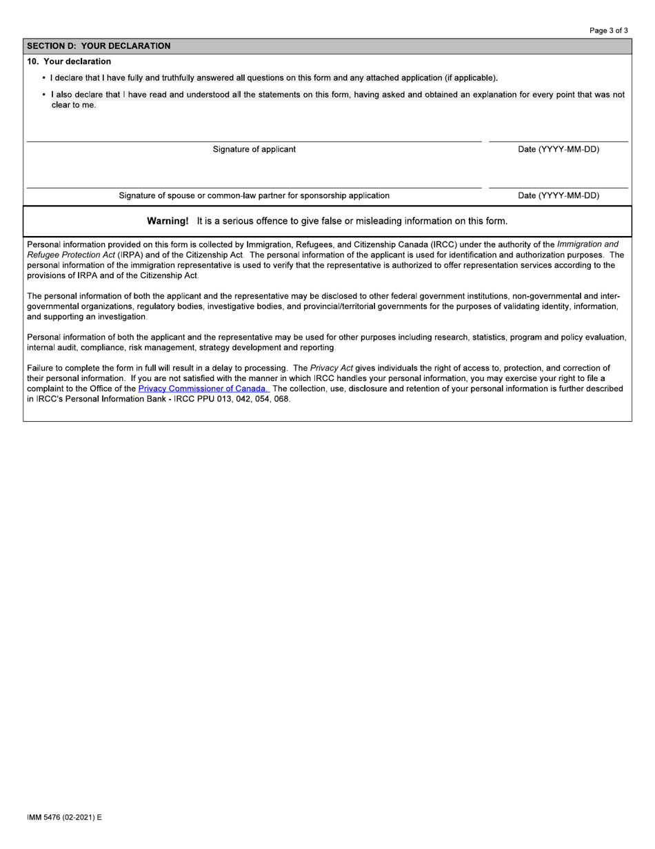 Form IMM5476 Use of a Representative - Canada, Page 3
