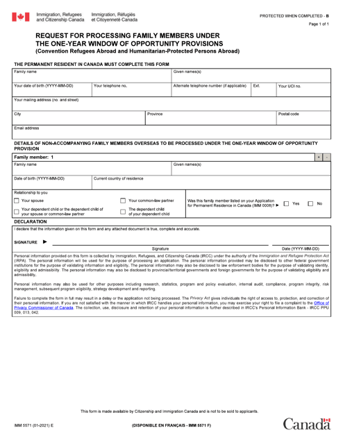 Form IMM5571 Request for Processing Family Members Under the One-Year Window of Opportunity Provisions - Canada