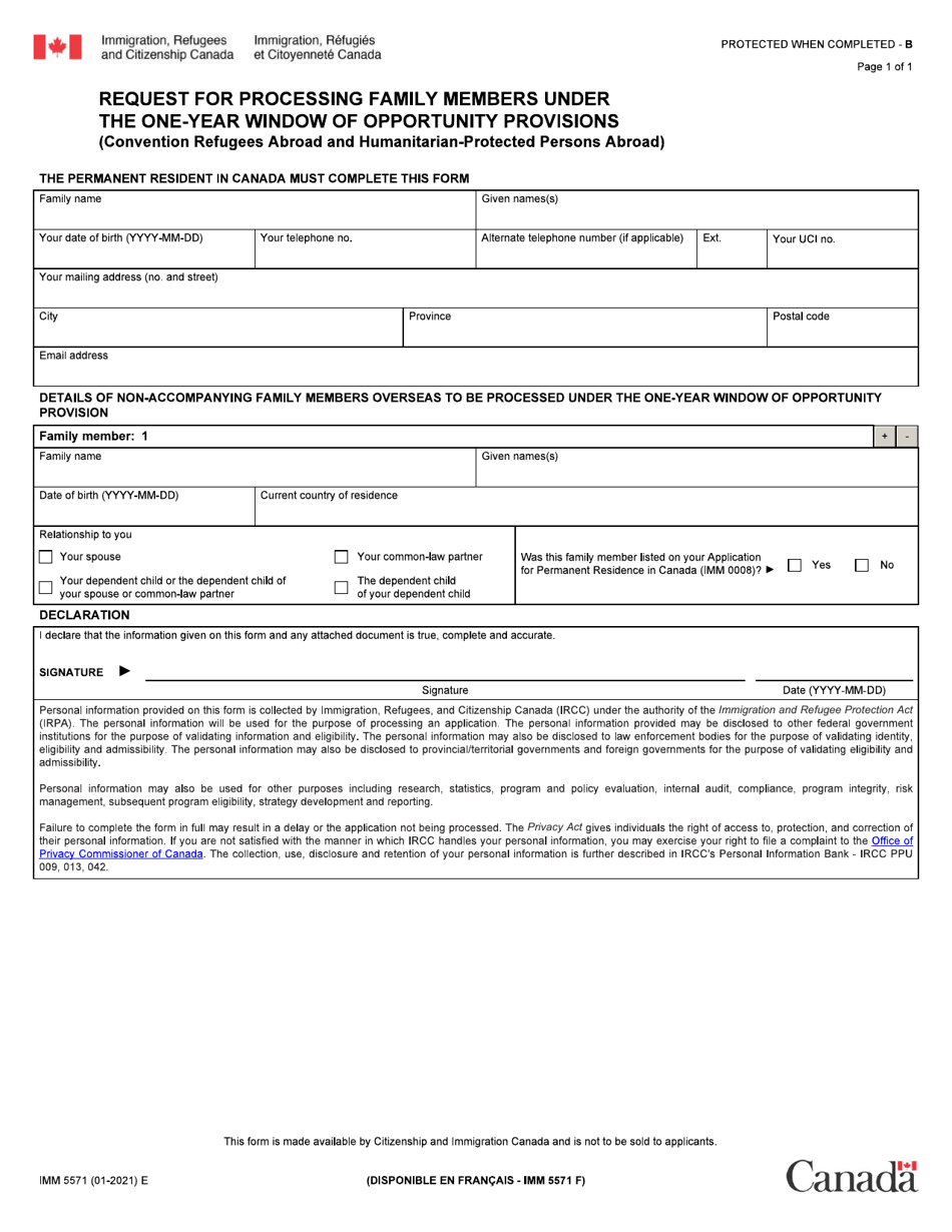 Form IMM5571 Request for Processing Family Members Under the One-Year Window of Opportunity Provisions - Canada, Page 1