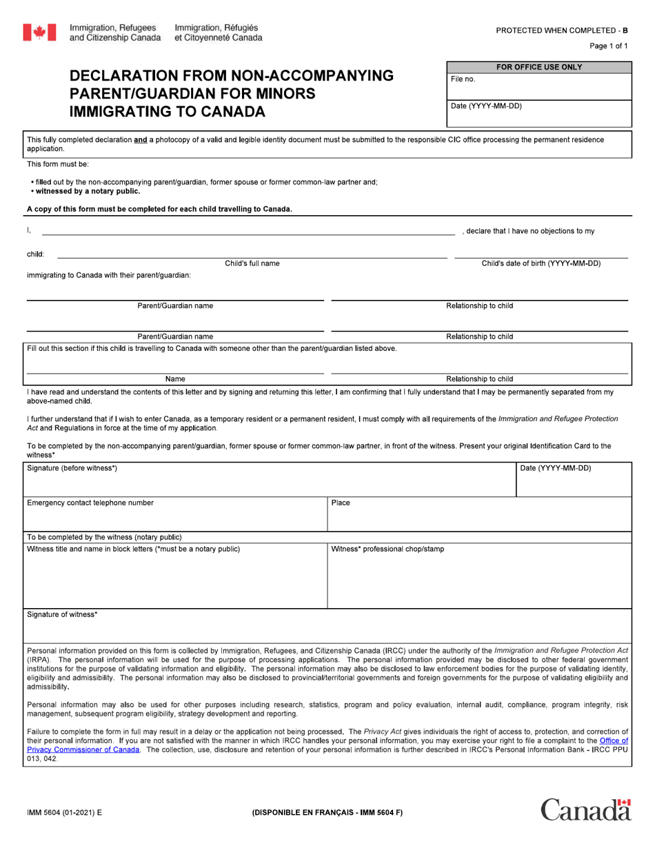 Form IMM5604 Declaration From Non-accompanying Parent / Guardian for Minors Immigrating to Canada - Canada, Page 1