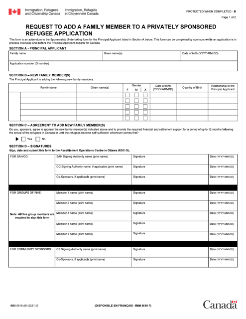 Form IMM5618 Request to Add a Family Member to a Privately Sponsored Refugee Application - Canada