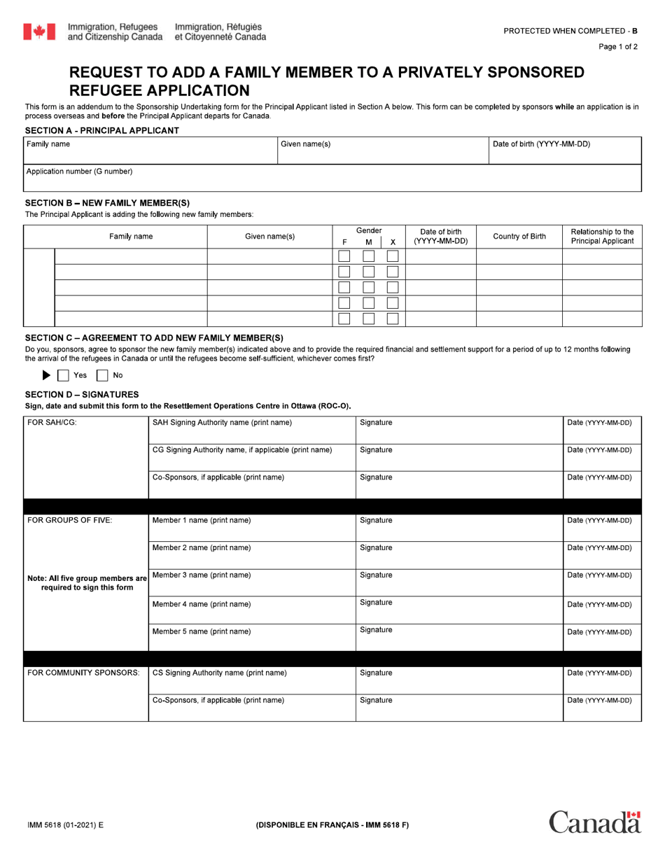 Form IMM5618 Request to Add a Family Member to a Privately Sponsored Refugee Application - Canada, Page 1