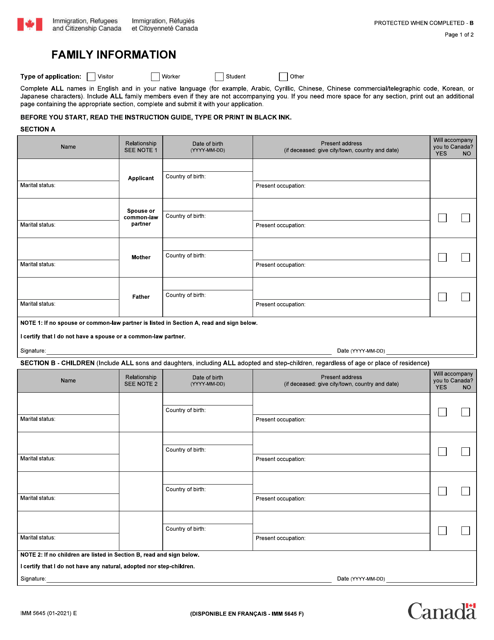 Form IMM5645 Family Information - Canada