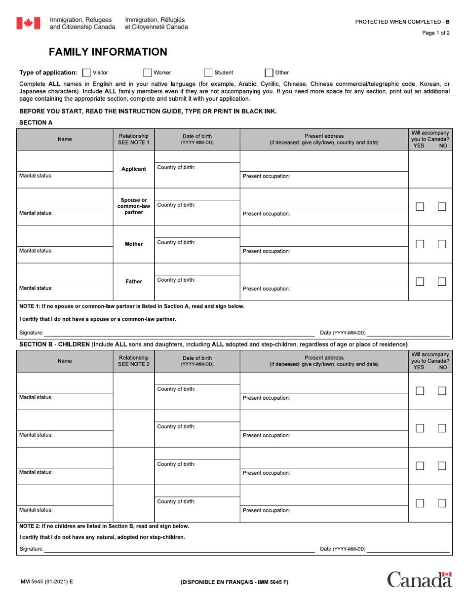 Form IMM5645 Family Information - Canada, Page 1