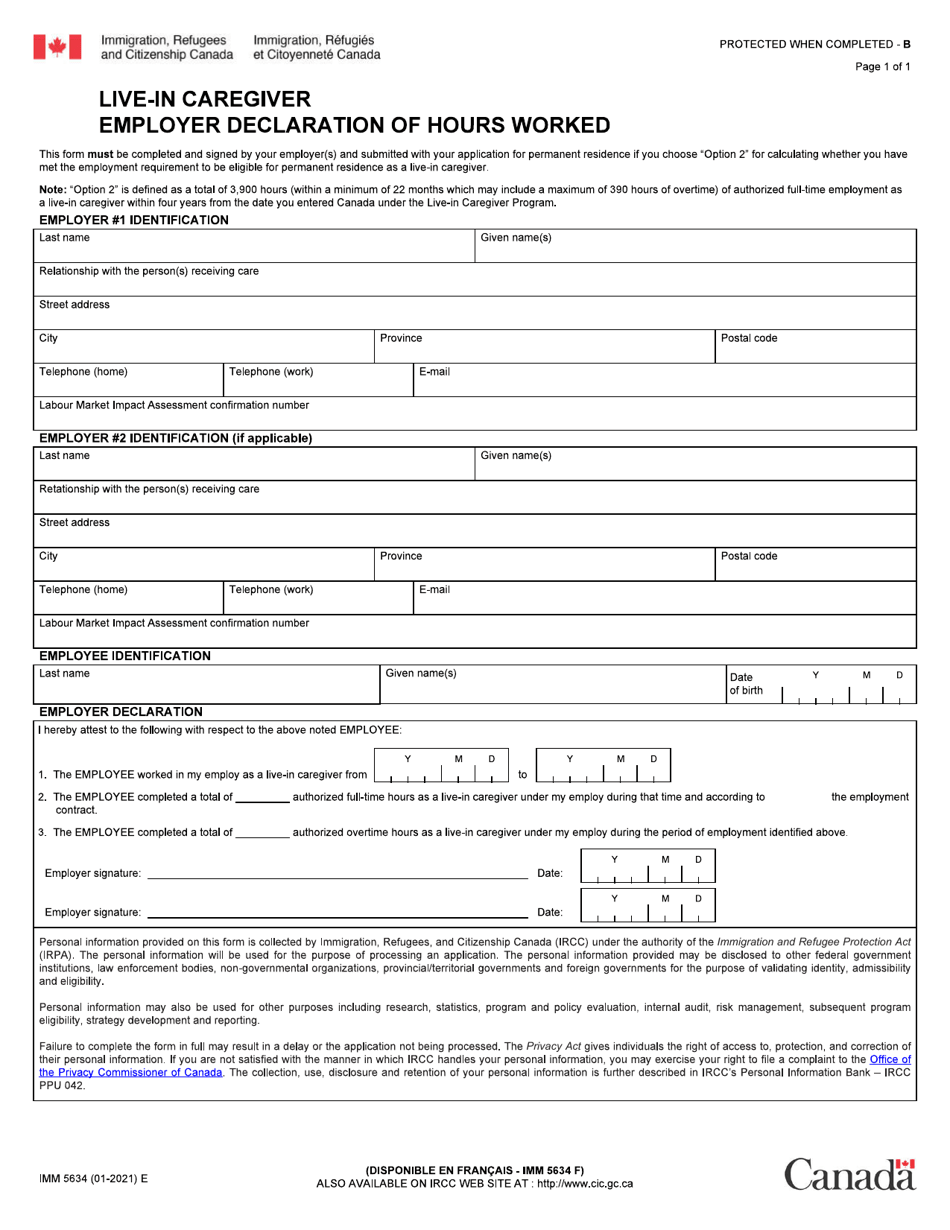 Form IMM5634 Live-In Caregiver: Employer Declaration of Hours Worked - Canada, Page 1