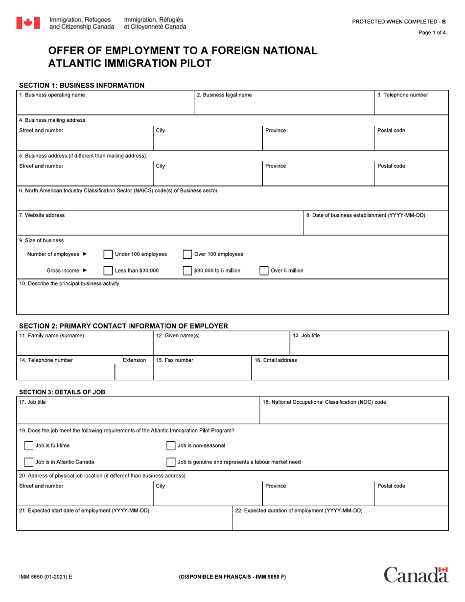 Form IMM5650 Offer of Employment to a Foreign National - Atlantic Immigration Pilot - Canada, Page 1