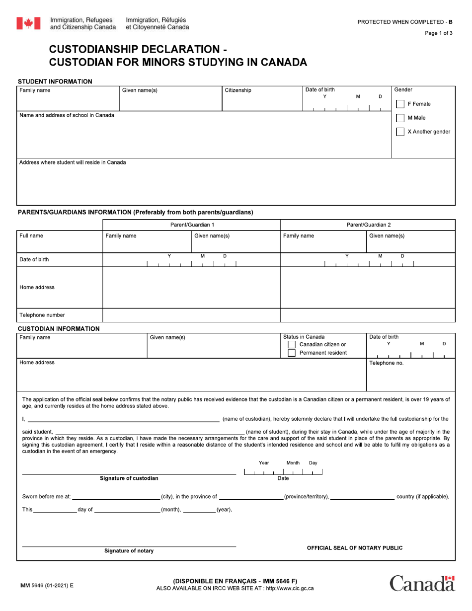 Form IMM5646 Custodian Declaration - Custodian for Minors Studying in Canada - Canada, Page 1