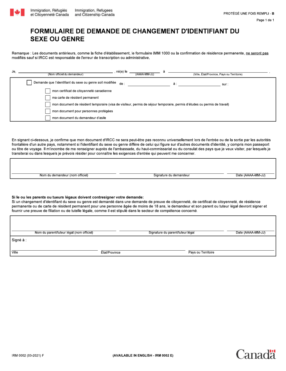 Forme Irm0002 Download Fillable Pdf Or Fill Online Formulaire De Demande De Changement D Identifiant Du Sexe Ou Genre Canada French Templateroller