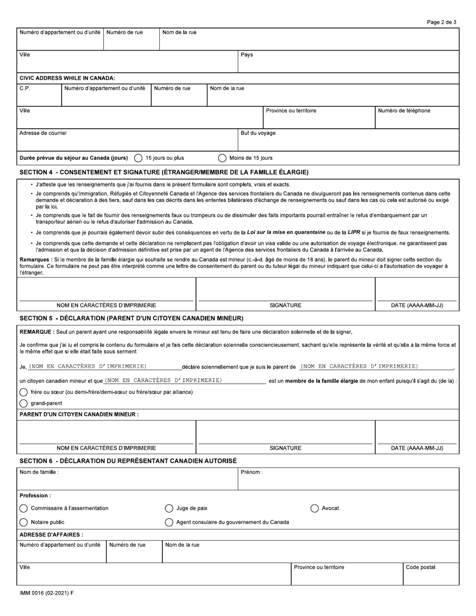 Forme IMM0016 Demande Dautorisation Et Declaration Solennelle Pour Le Parent Dun Mineur Aux Fins De Lentree Au Canada Pour Les Membres De La Famille Elargie Decrets Concernant La Covid-19 Pris En Vertu De La Loi Sur La Mise En Quarantaine - Canada (French), Page 2