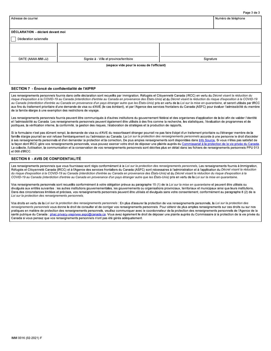 Forme IMM0016 Demande Dautorisation Et Declaration Solennelle Pour Le Parent Dun Mineur Aux Fins De Lentree Au Canada Pour Les Membres De La Famille Elargie Decrets Concernant La Covid-19 Pris En Vertu De La Loi Sur La Mise En Quarantaine - Canada (French), Page 3