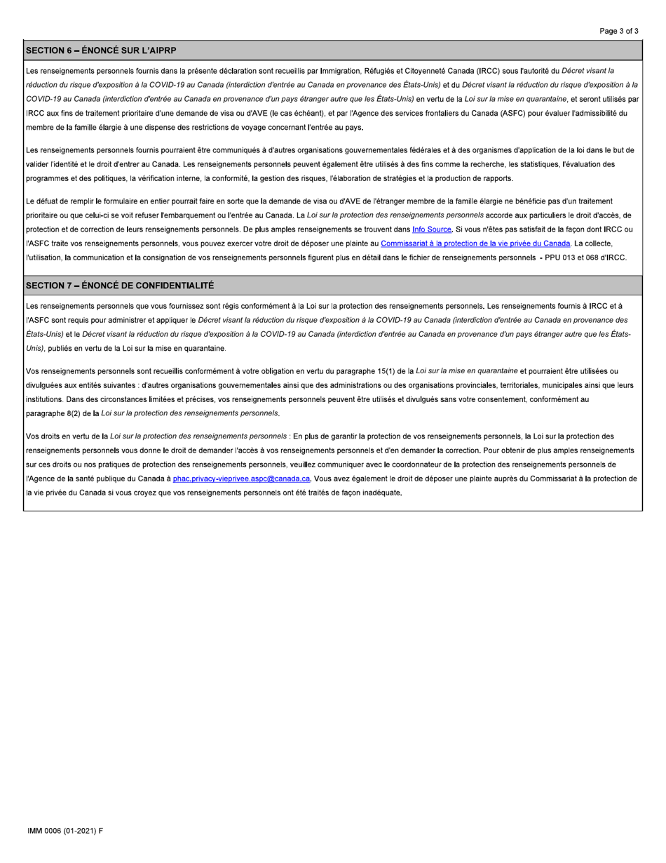 Forme IMM0006 Demande Dautorisation Et Declaration Solennelle (Les Members De La Famille Elargie) - Canada (French), Page 3