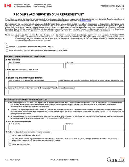 Forme IMM5476 Recours Aux Services D'un Representant - Canada (French)
