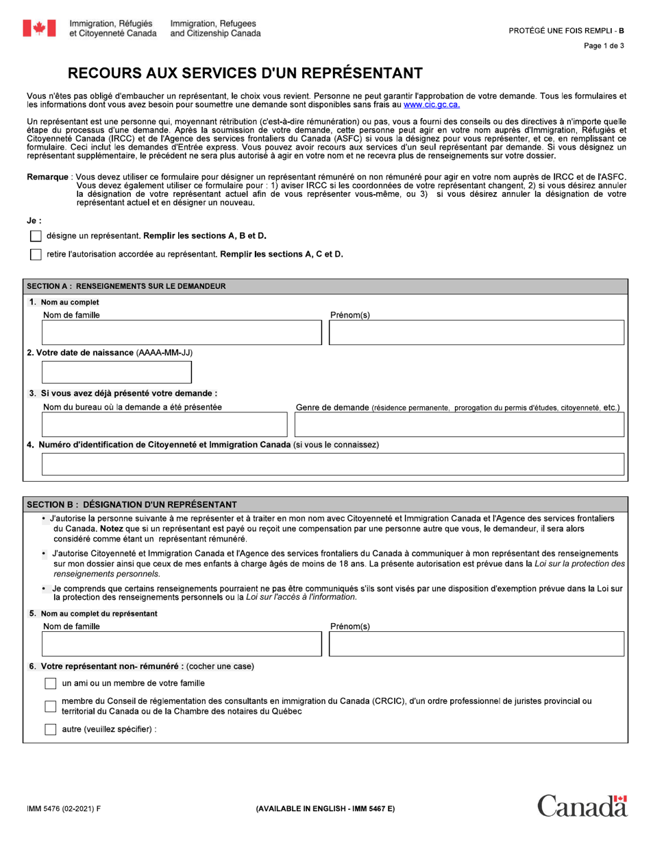 Forme IMM5476 Recours Aux Services Dun Representant - Canada (French), Page 1