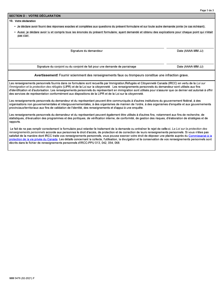 Forme IMM5476 Recours Aux Services Dun Representant - Canada (French), Page 3