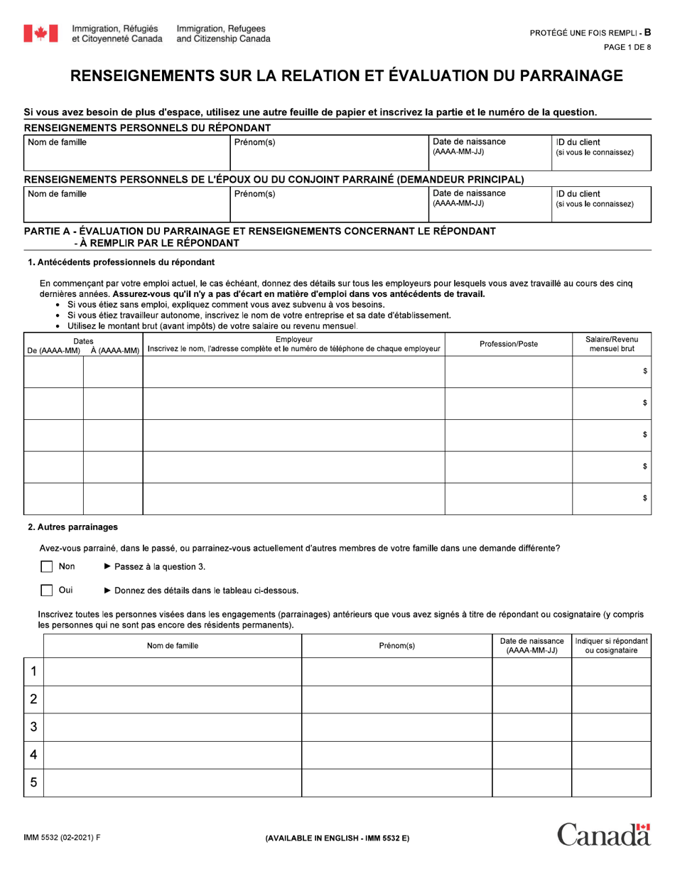 Forme IMM5532 Renseignements Sur La Relation Et Evaluation Du Parrainage - Canada (French), Page 1