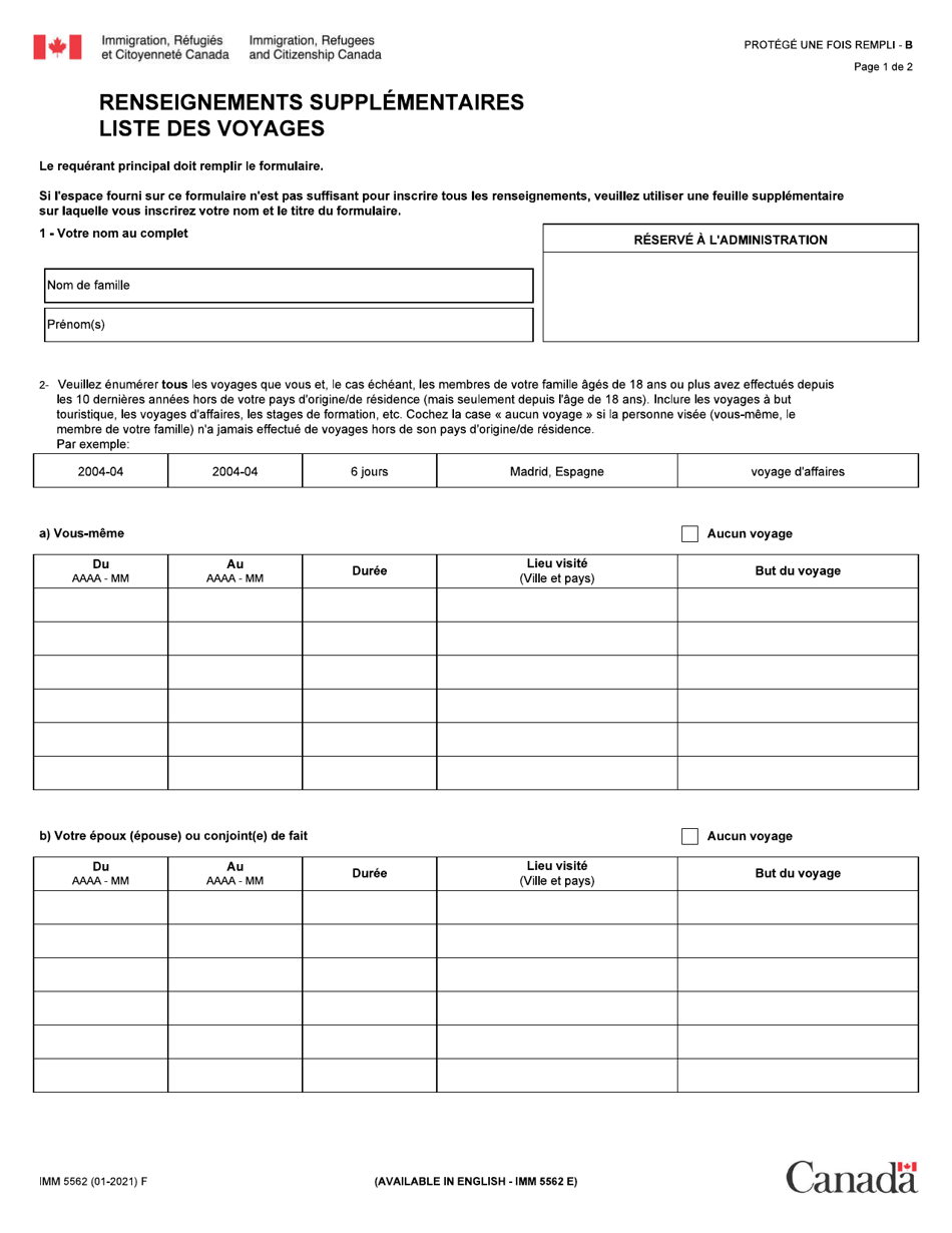 Forme IMM5562 Renseignements Supplementaires Liste DES Voyages - Canada (French), Page 1