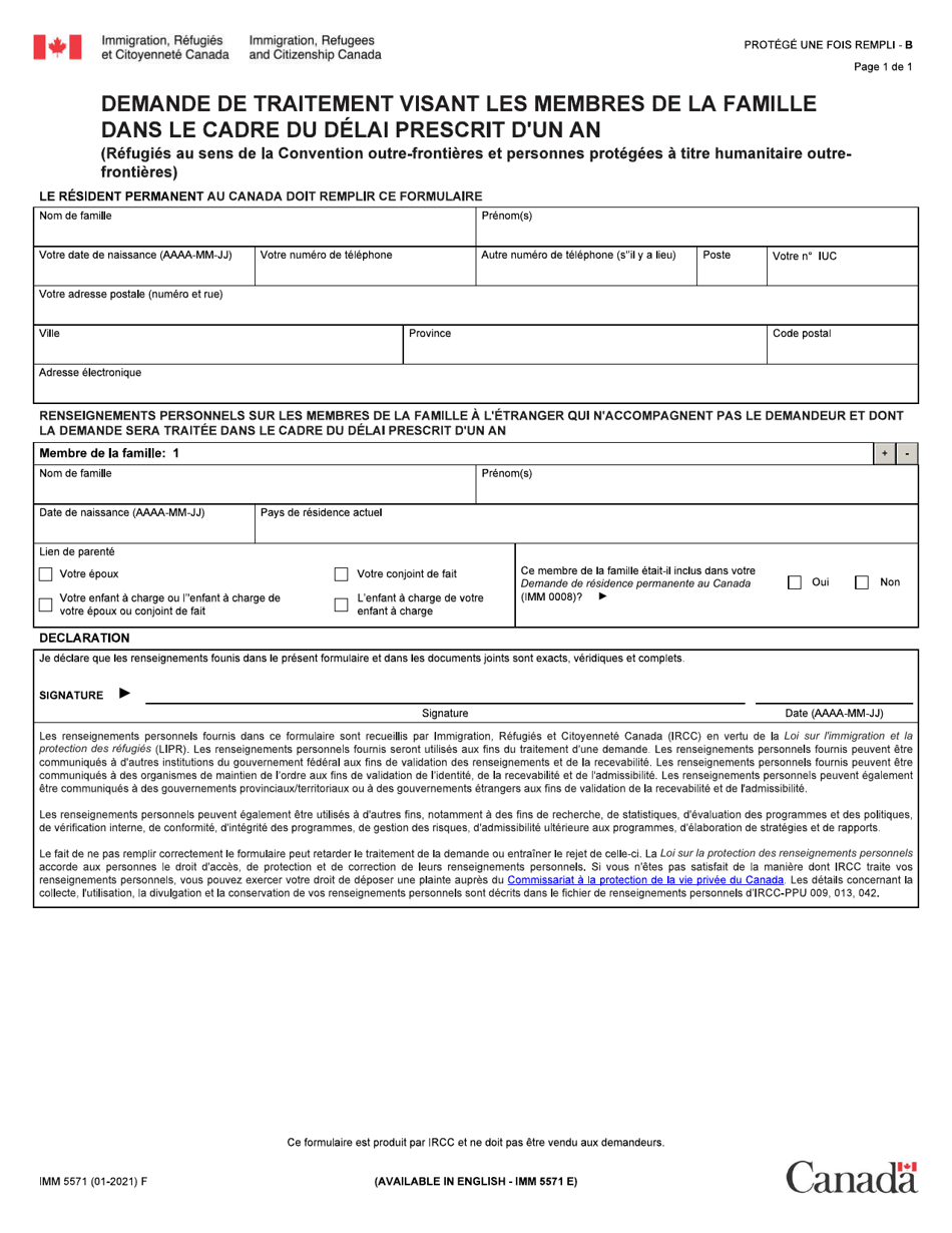 Forme Imm5571 Download Fillable Pdf Or Fill Online Demande De Traitement Visant Les Membres De La Famille Dans Le Cadre Du Delai Prescrit D Un An Canada French Templateroller