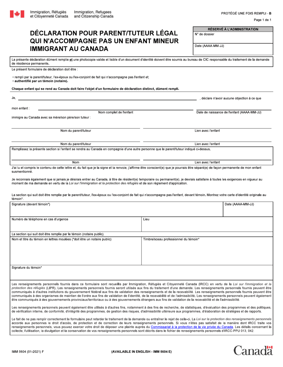 Forme IMM5604 Declaration Pour Parent / Tuteur Legal Qui Naccompagne Pas Un Enfant Mineur Immigrant Au Canada - Canada (French), Page 1