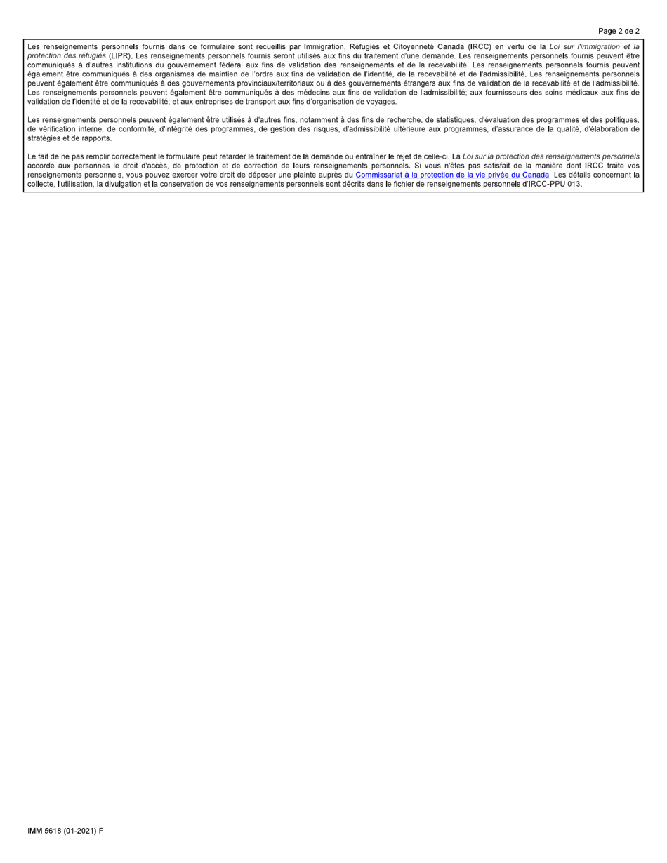 Forme IMM5618 Demande En Vue De Lajout Dun Membre De La Famille a Une Demande De Refugie Parraine Par Le Secteur Prive - Canada (French), Page 2