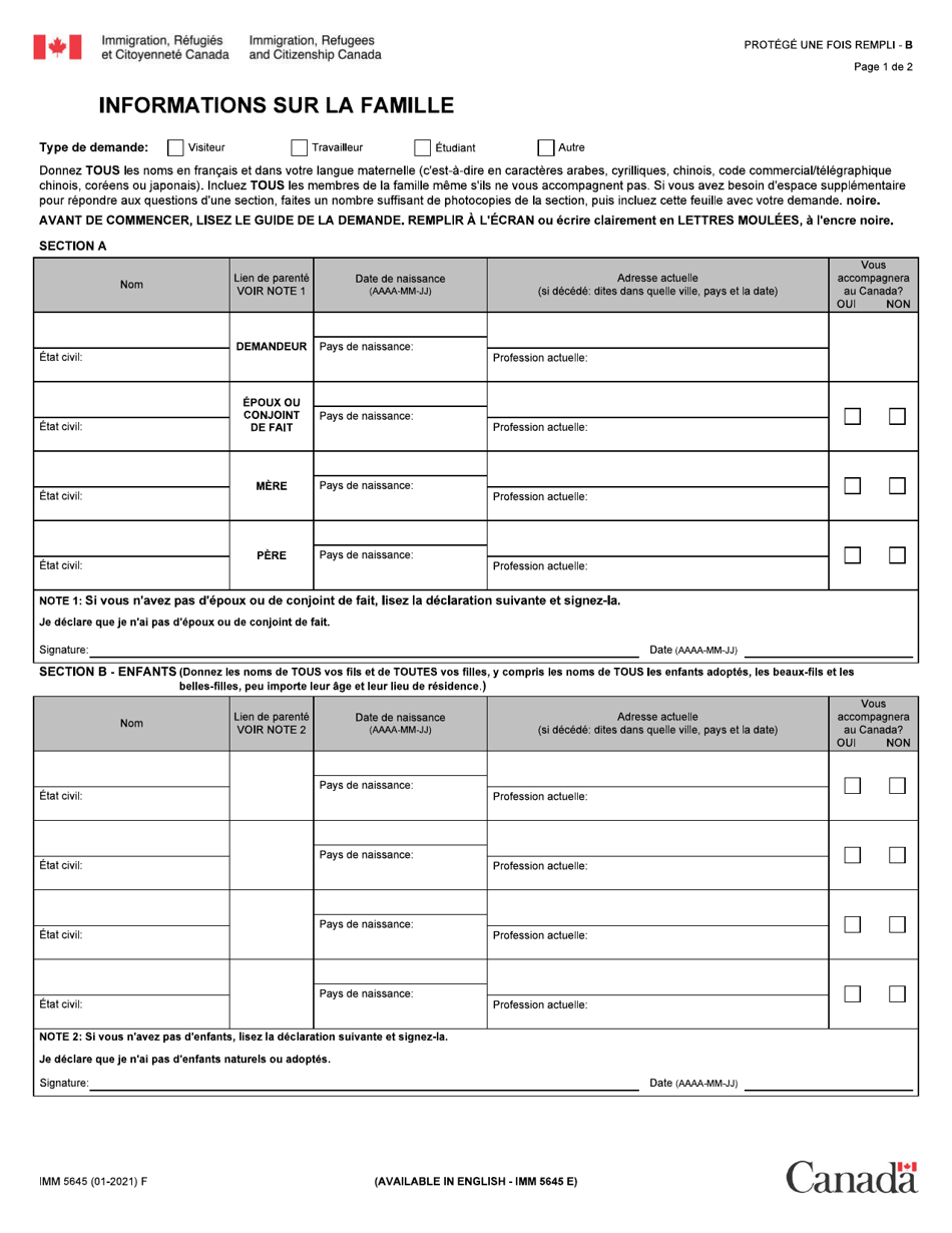 Forme IMM5645 Informations Sur La Famille - Visiteurs, Etudiants Et Travailleurs - Canada (French), Page 1