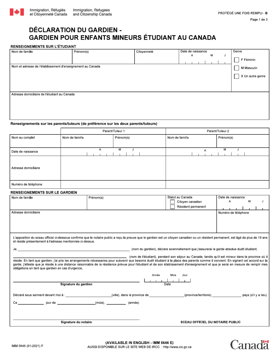 Forme IMM5646 Declaration Du Gardien - Gardien Pour Enfants Mineurs Etudiant Au Canada - Canada (French), Page 1