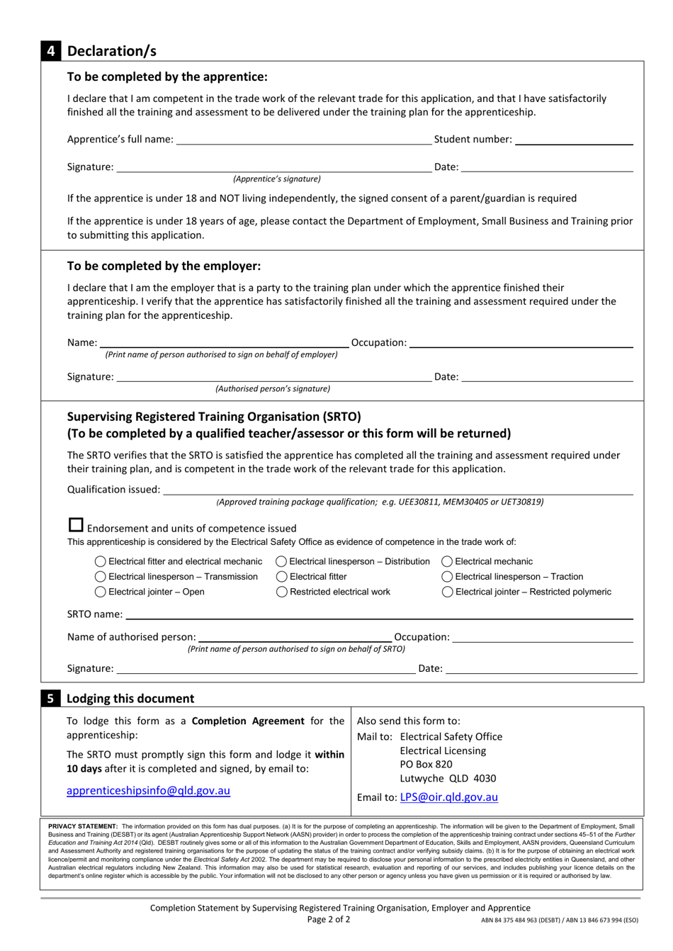 Form ATF-012 Completion Statement by Supervising Registered Training Organisation, Employer and Apprentice - Queensland, Australia, Page 2
