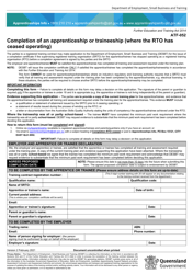 Form ATF-052 Completion of an Apprenticeship or Traineeship (Where the Rto Has Ceased Operating) - Queensland, Australia