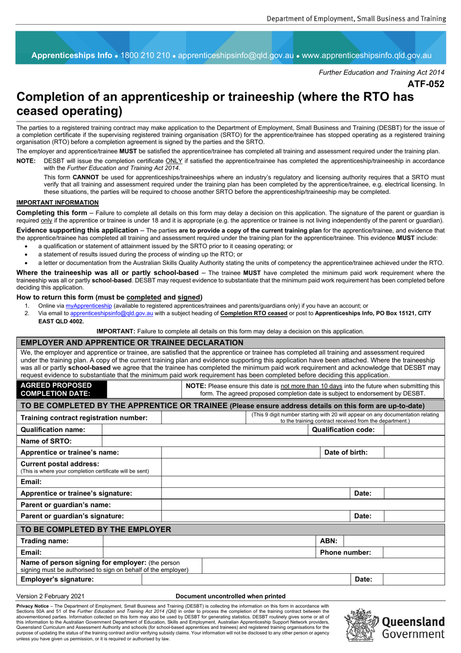 Form ATF-052 Completion of an Apprenticeship or Traineeship (Where the Rto Has Ceased Operating) - Queensland, Australia, Page 1