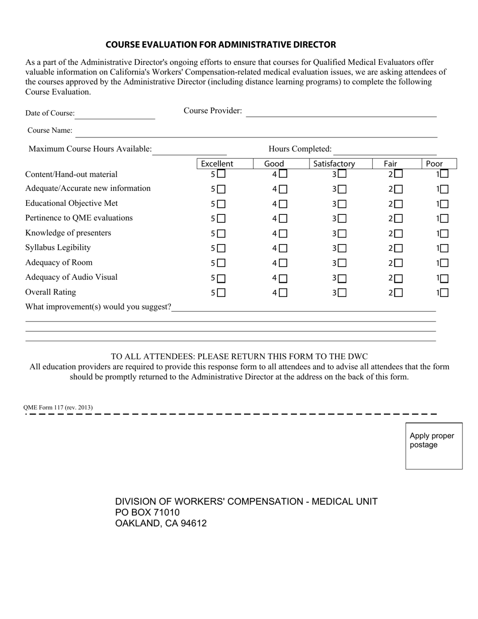 QME Form 117 Course Evaluation for Administrative Director - California, Page 1